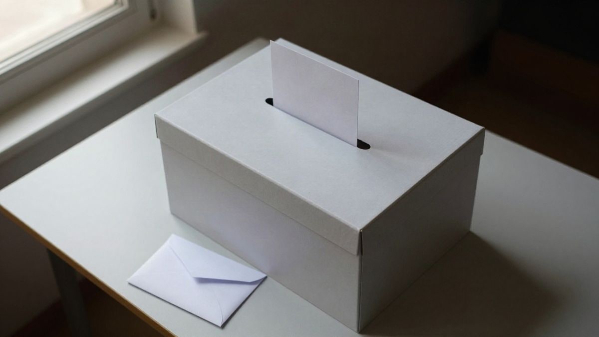 Imagen ilustrativa: vista cenital de una urna electoral sobre una mesa con un sobre al lado