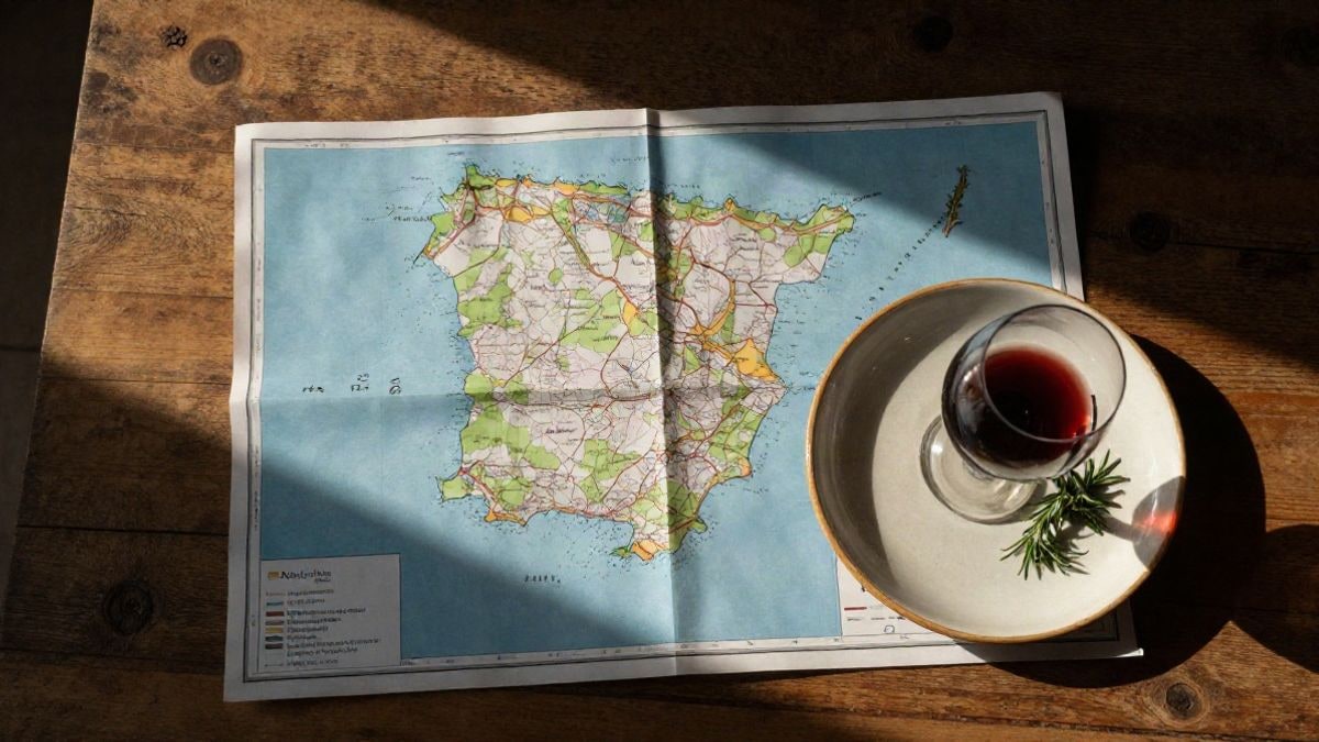 Imagen ilustrativa: vista cenital de una mesa rústica con un mapa, una copa de vino y una rama de romero