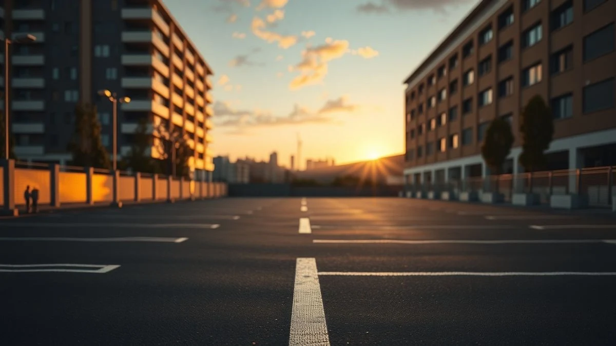Imagen ilustrativa: un aparcamiento recién asfaltado al atardecer, con el perfil de una ciudad genérica al fondo, sin vehículos ni personas.