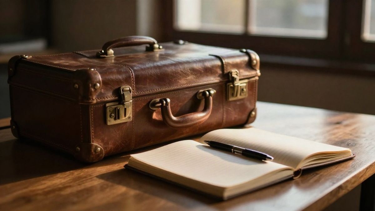 Imagen ilustrativa: maleta de viaje y cuaderno sobre una mesa de madera al atardecer, con sombras largas
