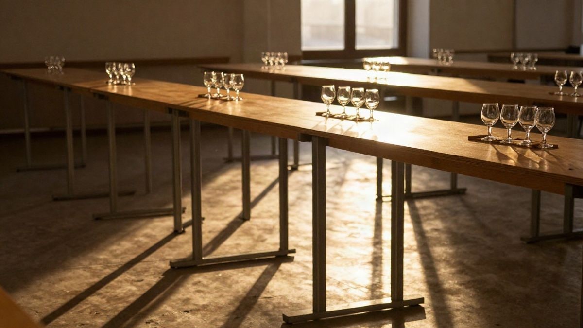 Imagen ilustrativa: mesas de madera vacías en una sala de exposición iluminada por el atardecer