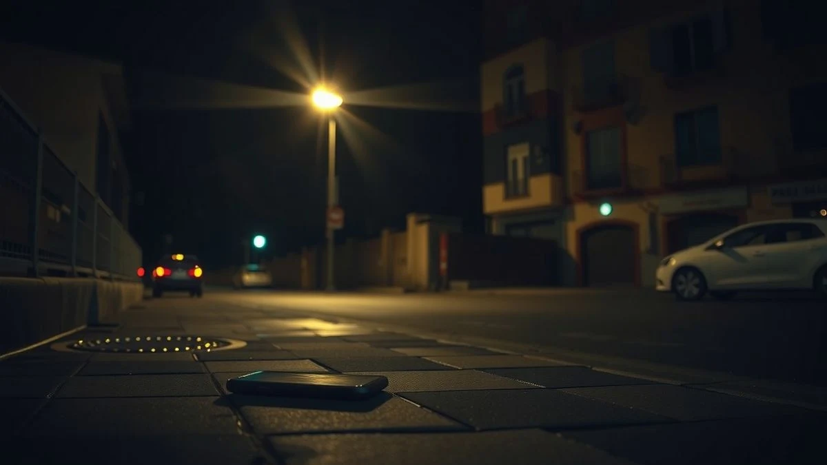 Imagen ilustrativa: una calle vacía de noche iluminada por una farola, con un teléfono móvil en el suelo y siluetas borrosas al fondo.