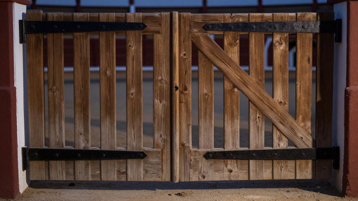 Imagen ilustrativa: puerta de madera cerrada de un coso taurino genérico al atardecer, con sombras largas
