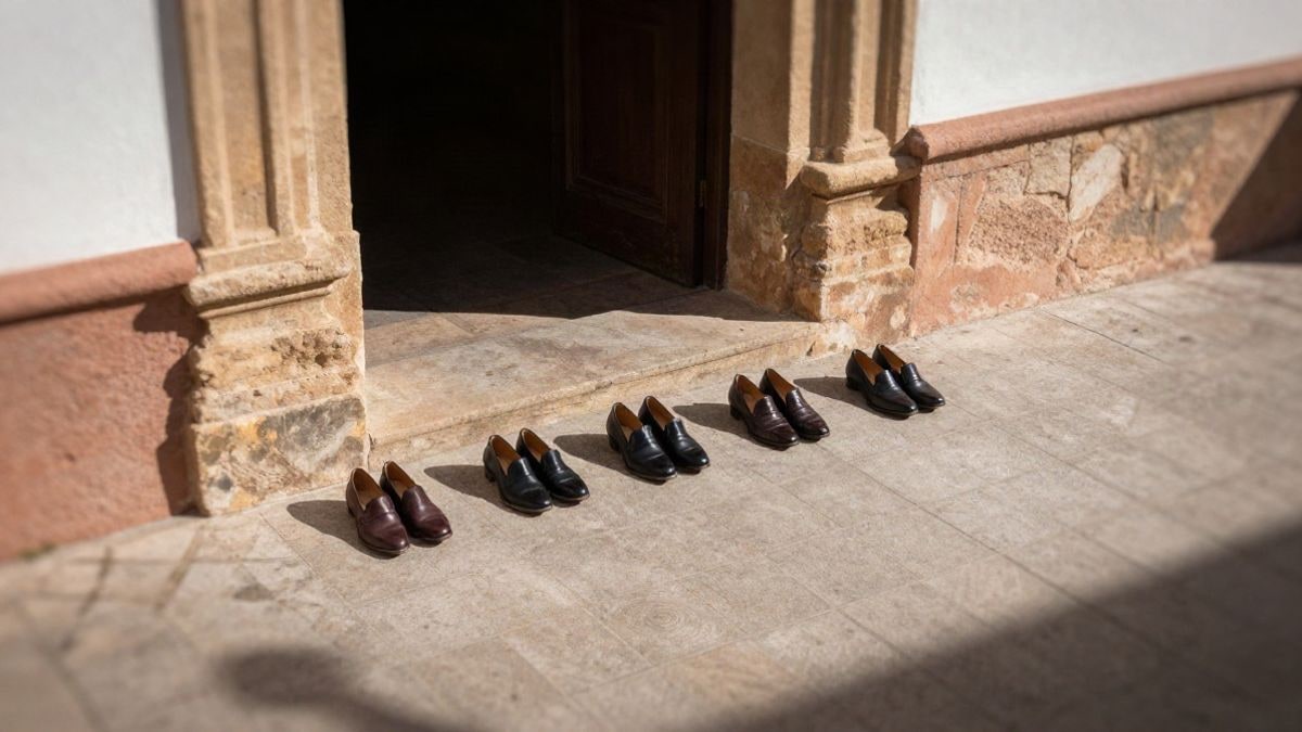 Imagen ilustrativa: vista cenital de la entrada de una iglesia parroquial con una fila de zapatos ceremoniales en el suelo