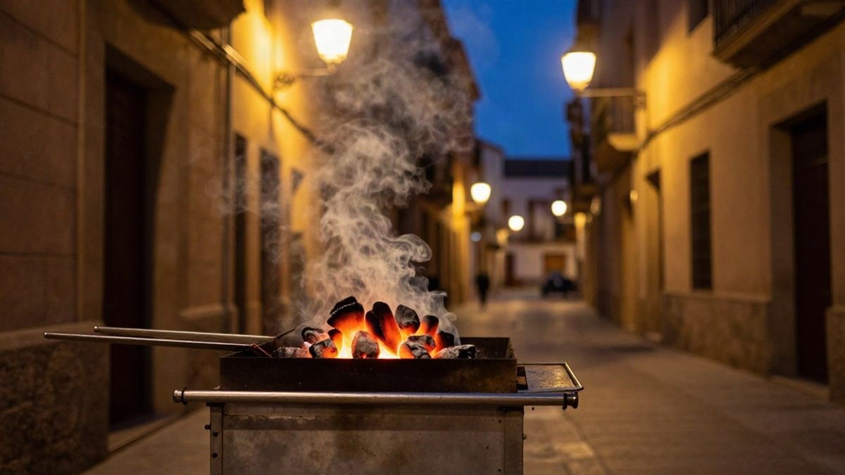 Imagen ilustrativa: un carrito de castañas con brasero encendido y humo suave bajo las farolas de una calle antigua de noche