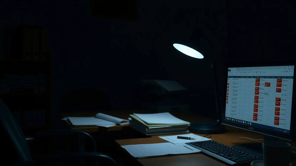 Oficina municipal con papeles y ordenador encendido de noche, iluminada por una lámpara de escritorio