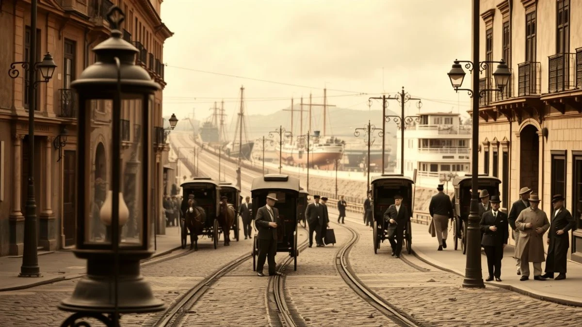Imagen ilustrativa: escena callejera de principios del siglo XX con carruajes y vías de tren en una ciudad portuaria.