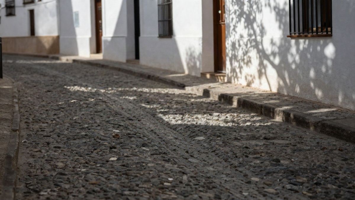 Imagen ilustrativa: calle empedrada con casas blancas en un pueblo serrano