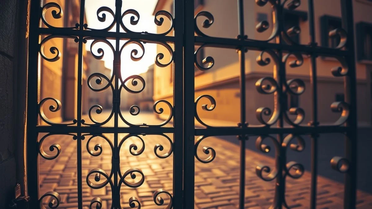 Imagen ilustrativa: detalle de una verja de hierro forjado ornamentada, con luz dorada de atardecer y sombras largas sobre un suelo de adoquines.