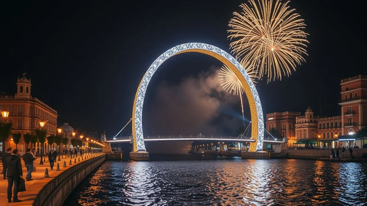 Imagen ilustrativa: una portada de fiestas iluminada con miles de luces LED junto a un río, con fuegos artificiales y siluetas de personas al fondo.