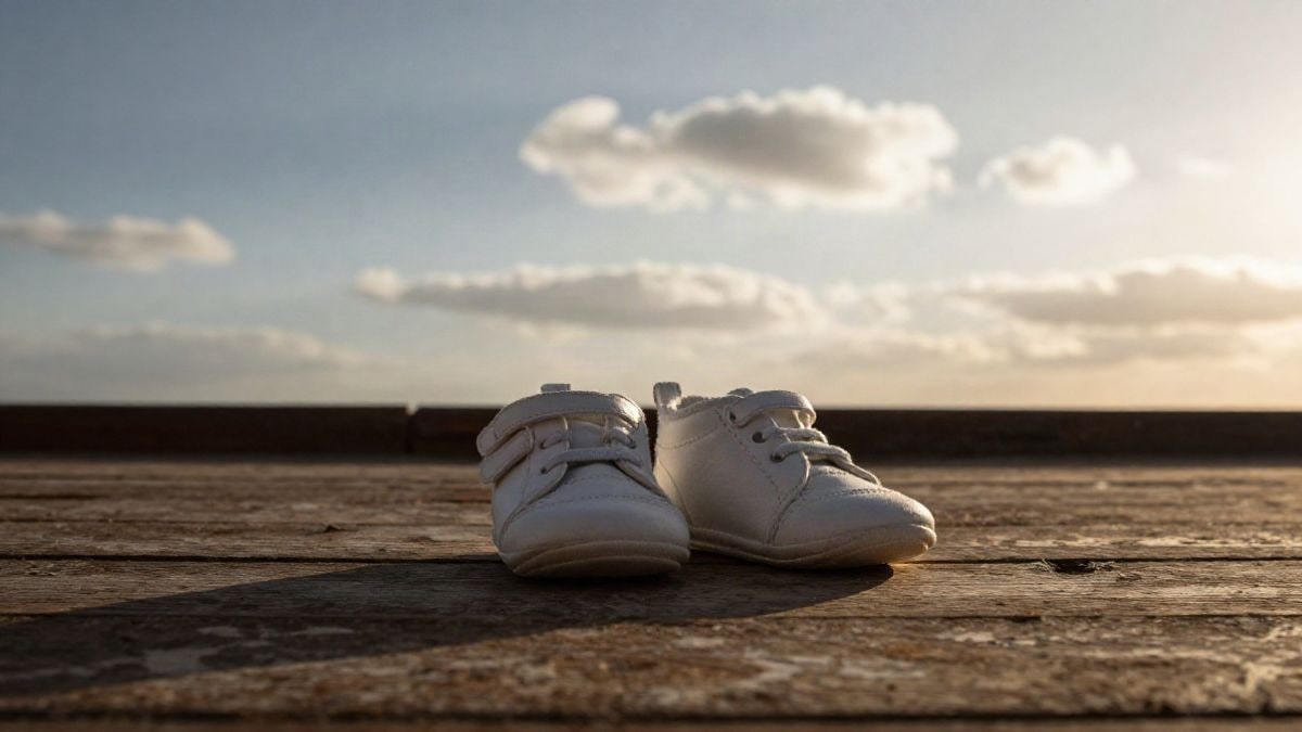 Imagen ilustrativa: par de zapatitos blancos de bebé sobre una superficie de madera envejecida, con cielo de fondo al atardecer