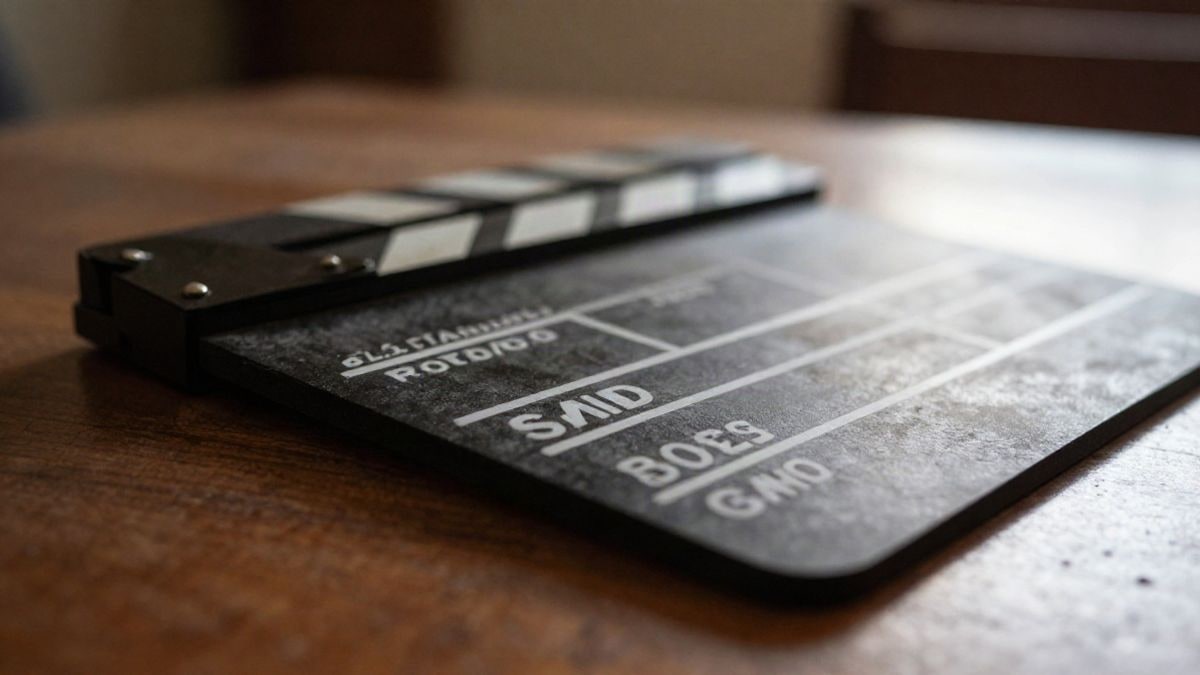 Imagen ilustrativa: una claqueta de cine desgastada sobre una mesa de madera oscura, iluminada por luz natural lateral