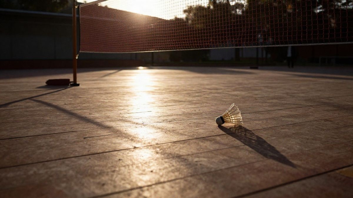 Imagen ilustrativa: pista de bádminton vacía al atardecer, con sombras largas sobre el suelo de madera