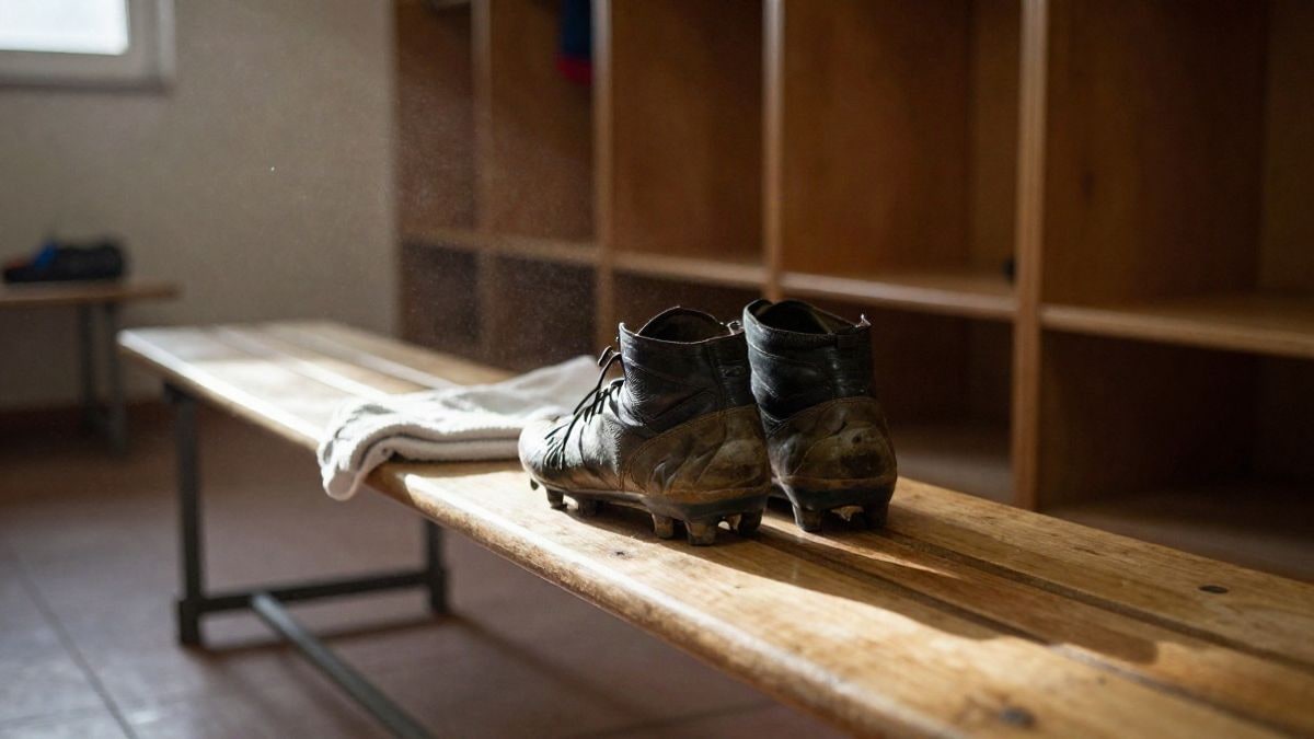 Imagen ilustrativa: un banco de madera en un vestuario vacío con botas de fútbol junto a una toalla, iluminado por la luz de una ventana lateral