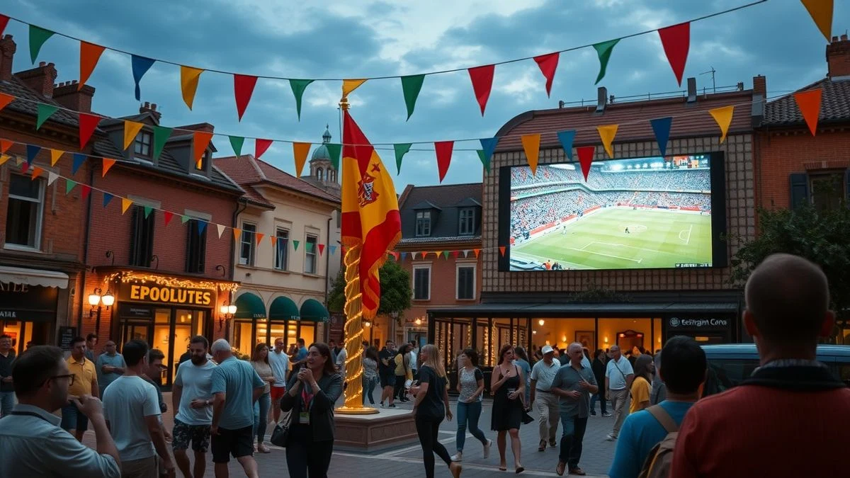 Plaza decorada con guirnaldas y flores, con una pantalla gigante para la retransmisión de un partido de fútbol, al atardecer.