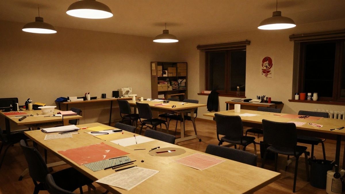 Imagen ilustrativa: aula de talleres municipales iluminada con materiales de manualidades sobre las mesas