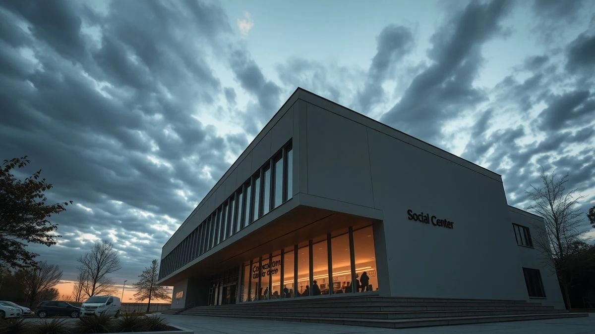 Fachada del centro social La Morana en Huelva con cielo de fondo