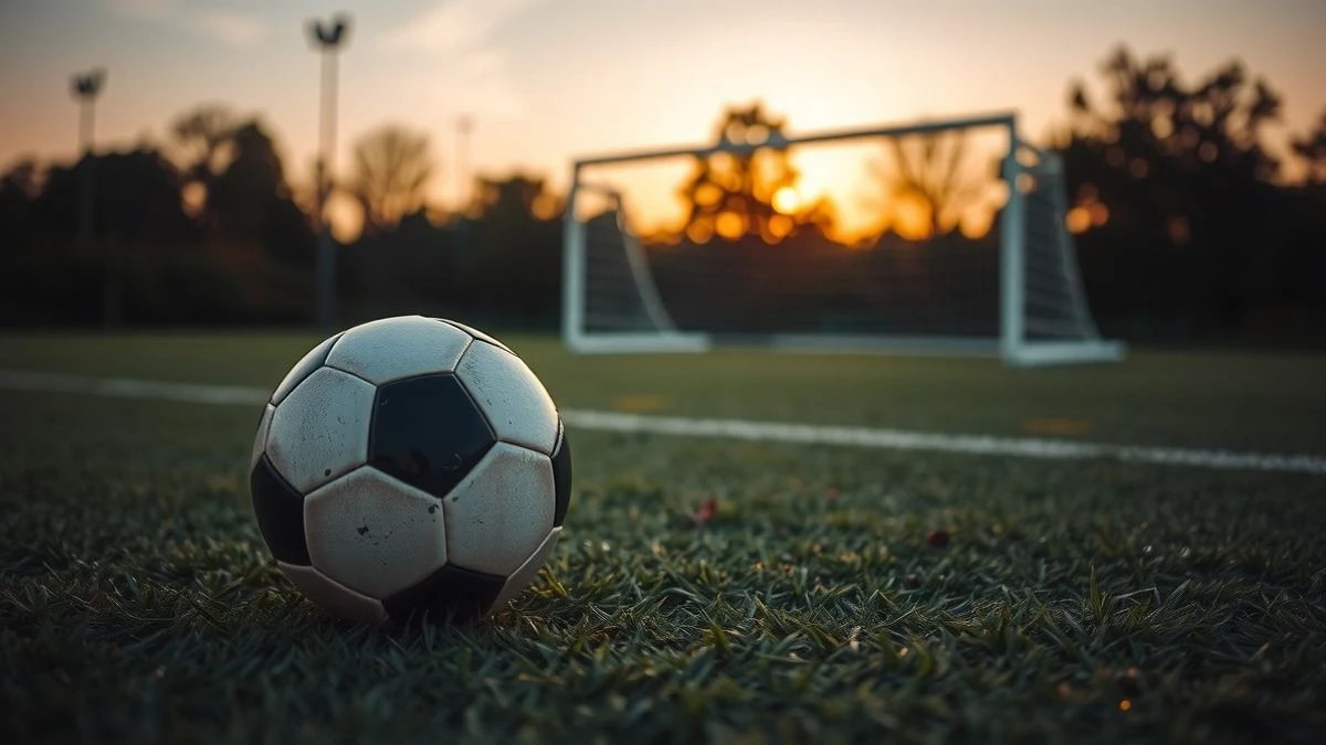 Imagen ilustrativa: un balón de fútbol sobre el césped al atardecer, con una portería al fondo