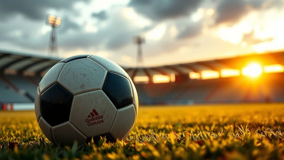 Balón de fútbol sobre el césped de un estadio al atardecer, con la portería al fondo desenfocada.