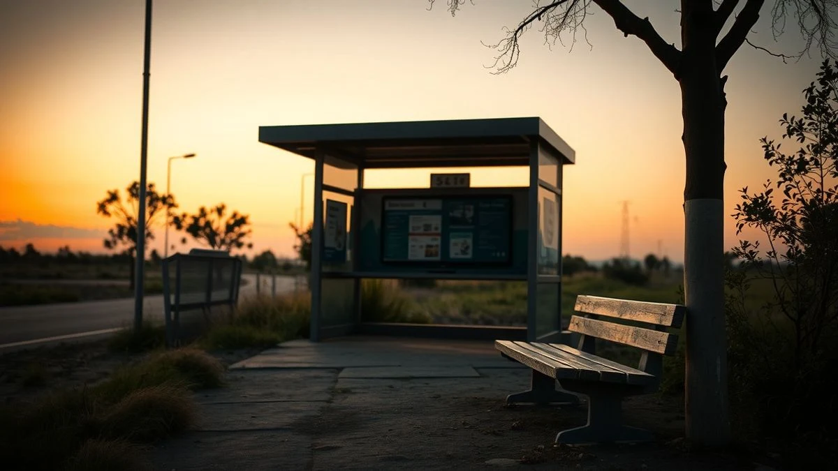 Parada de autobús rural al atardecer, con un banco de madera y un poste indicador, bajo la luz de una farola