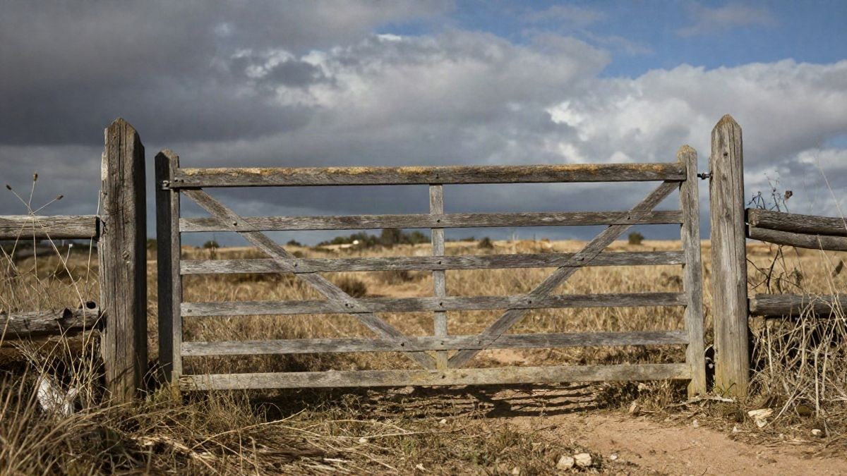 Imagen ilustrativa: portón de madera y hierba seca en un campo rural al atardecer, con cielo dramático de fondo