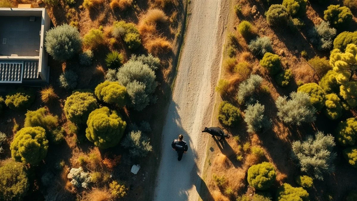 Vista cenital de un camino rural en una zona boscosa de Huelva con un guía canino y un perro de la Guardia Civil durante la búsqueda