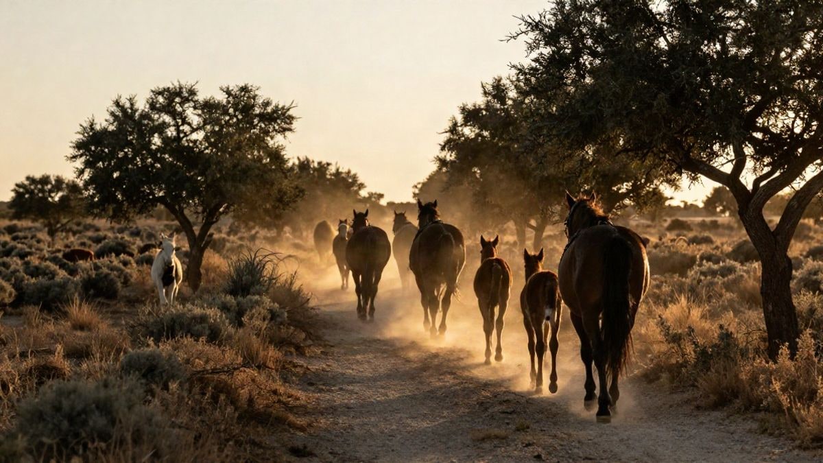 Imagen ilustrativa: caballos y potros caminando por un camino rural al atardecer, con la luz dorada de fondo