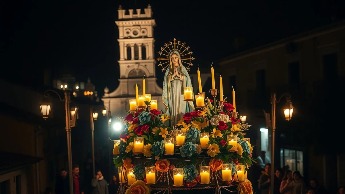 Imagen ilustrativa: vista aérea de una procesión religiosa nocturna con un paso de la Virgen rodeado de flores y velas por calles estrechas decoradas.