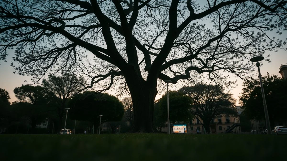 Banco de parque vacío al atardecer, con un cartel de horarios al fondo, en un parque urbano de Huelva.