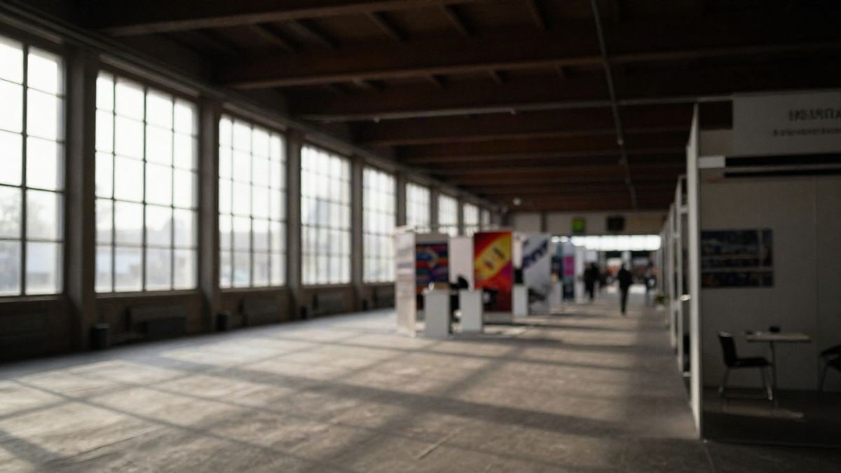 Imagen ilustrativa: interior de un pabellón ferial con luz de ventana lateral y stands vacíos