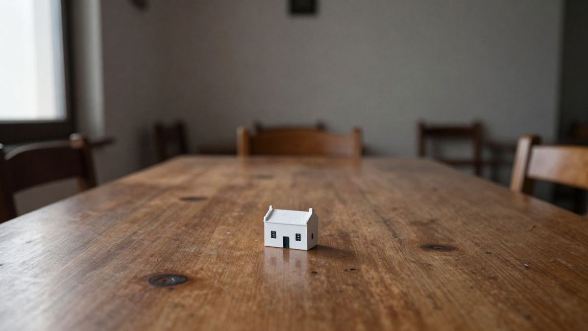 Imagen ilustrativa: maqueta de una casa blanca sobre una mesa de madera, con mucho espacio vacío alrededor.