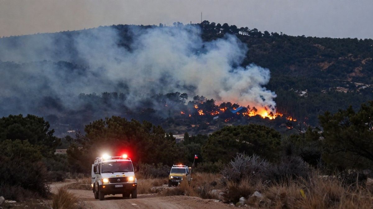 Imagen ilustrativa: columna de humo en un incendio forestal sobre colinas al atardecer