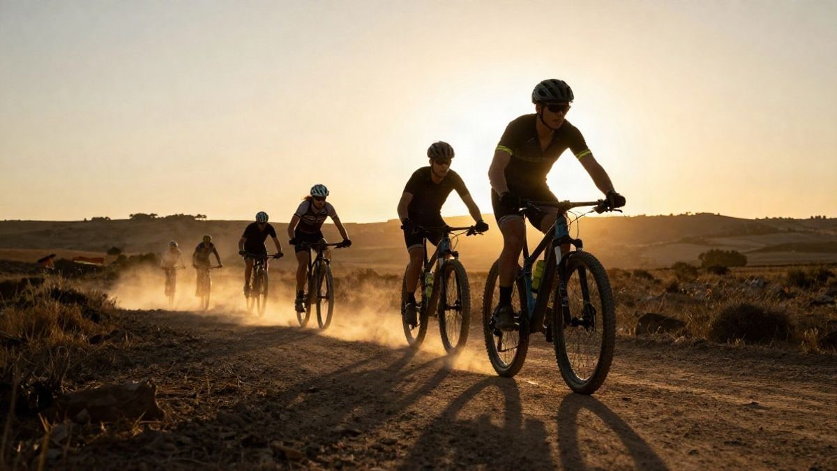 Imagen ilustrativa: siluetas de ciclistas de montaña en un sendero al atardecer con sombras alargadas