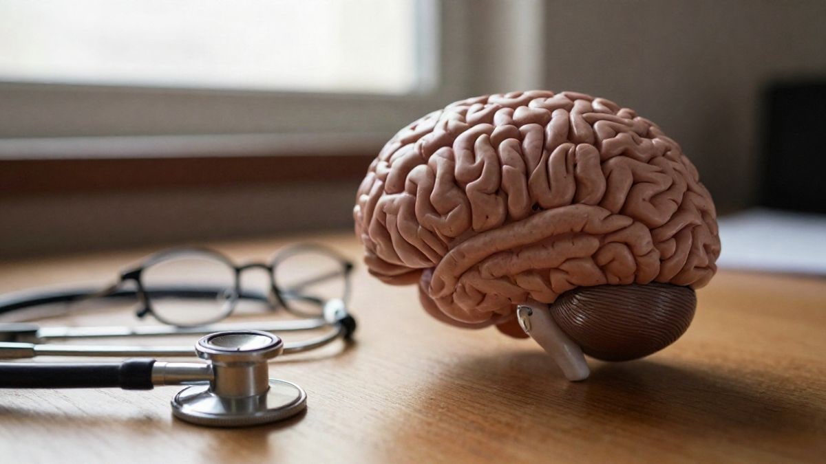 Imagen ilustrativa: modelo de cerebro sobre una mesa junto a gafas de lectura y un estetoscopio