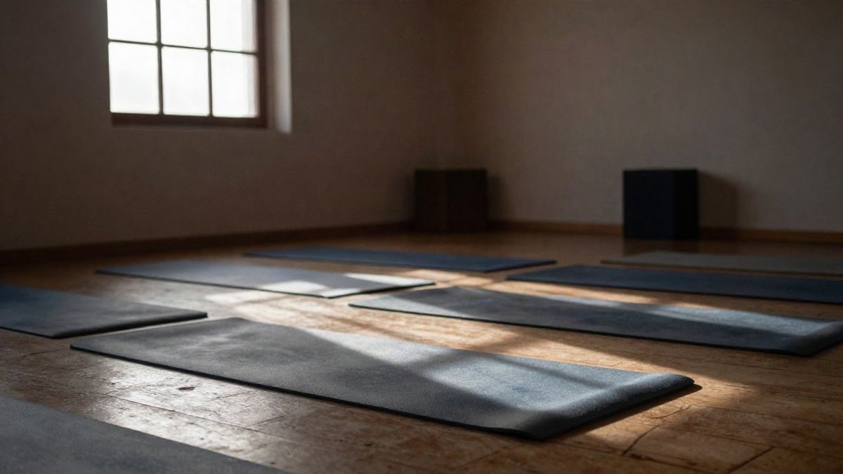 Imagen ilustrativa: esterillas de yoga en una sala comunitaria con luz de ventana lateral