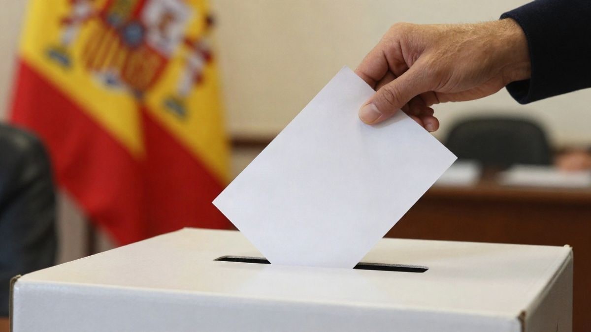 Imagen ilustrativa: una urna electoral con una papeleta introduciéndose, fondo desenfocado de una oficina política
