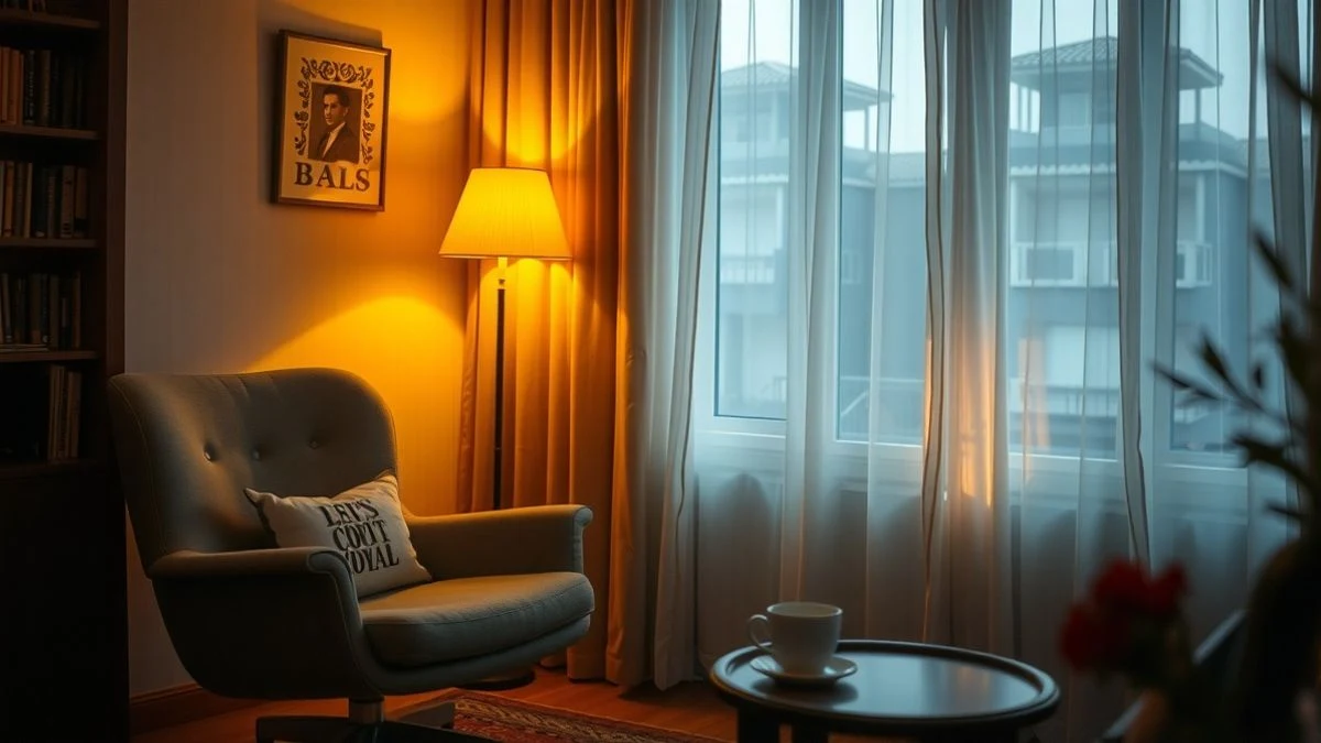 Imagen ilustrativa: una sala de estar acogedora con un sillón y un pequeño escritorio, con luz suave de la tarde que entra por las cortinas.