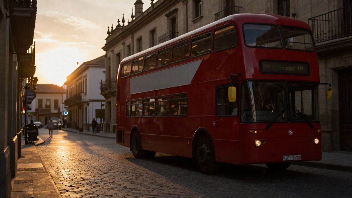 Imagen ilustrativa: autobús turístico de dos plantas en una calle histórica al atardecer