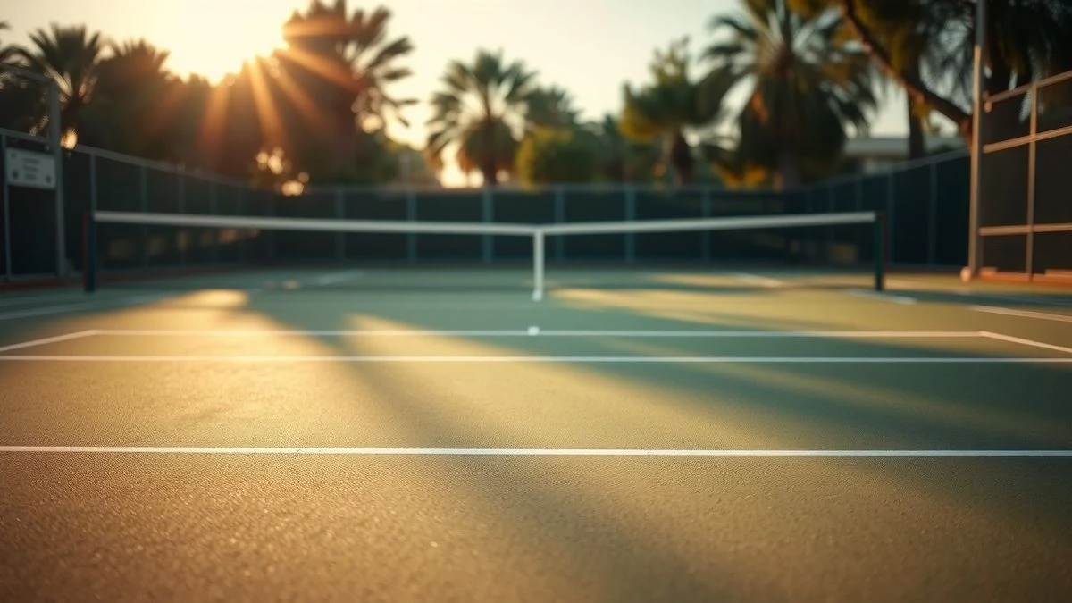 Imagen ilustrativa: una pista de tenis vacía al atardecer, con la red en primer plano y el fondo desenfocado.