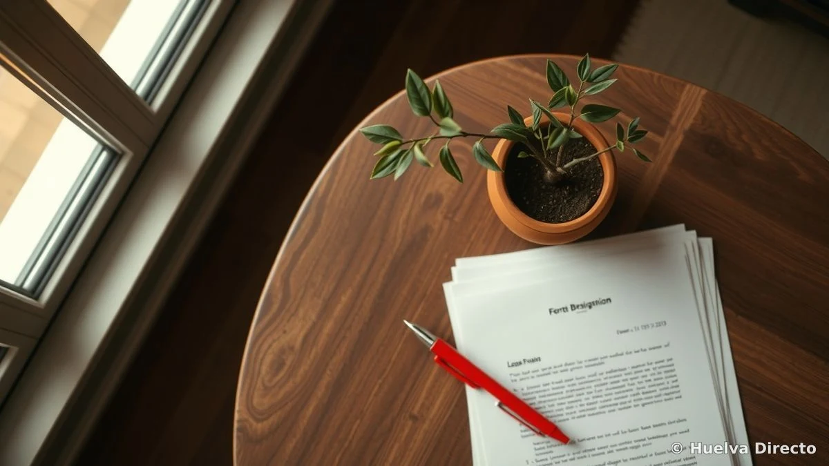 Vista cenital de documentos, un bolígrafo rojo y un árbol en maceta sobre una mesa de madera