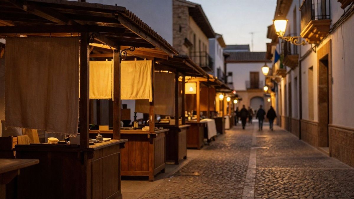 Imagen ilustrativa: puestos de madera y farolillos en una calle de ambiente medieval al atardecer