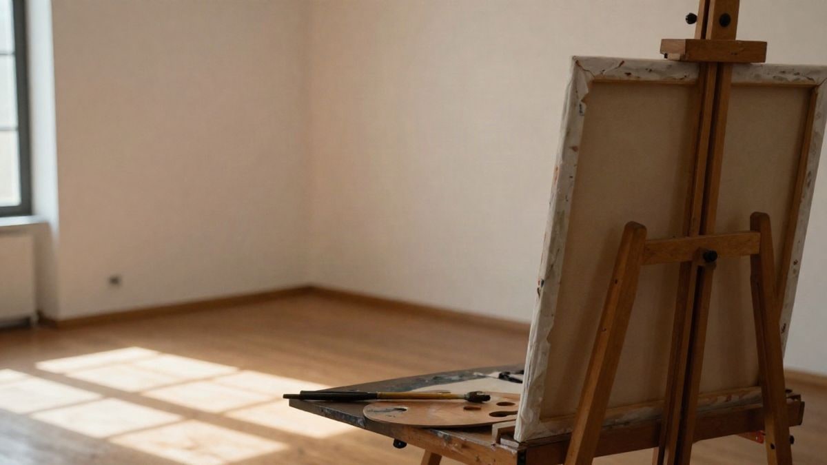 Imagen ilustrativa: sala de exposiciones vacía con luz natural entrando por una ventana y un lienzo en blanco en un caballete.