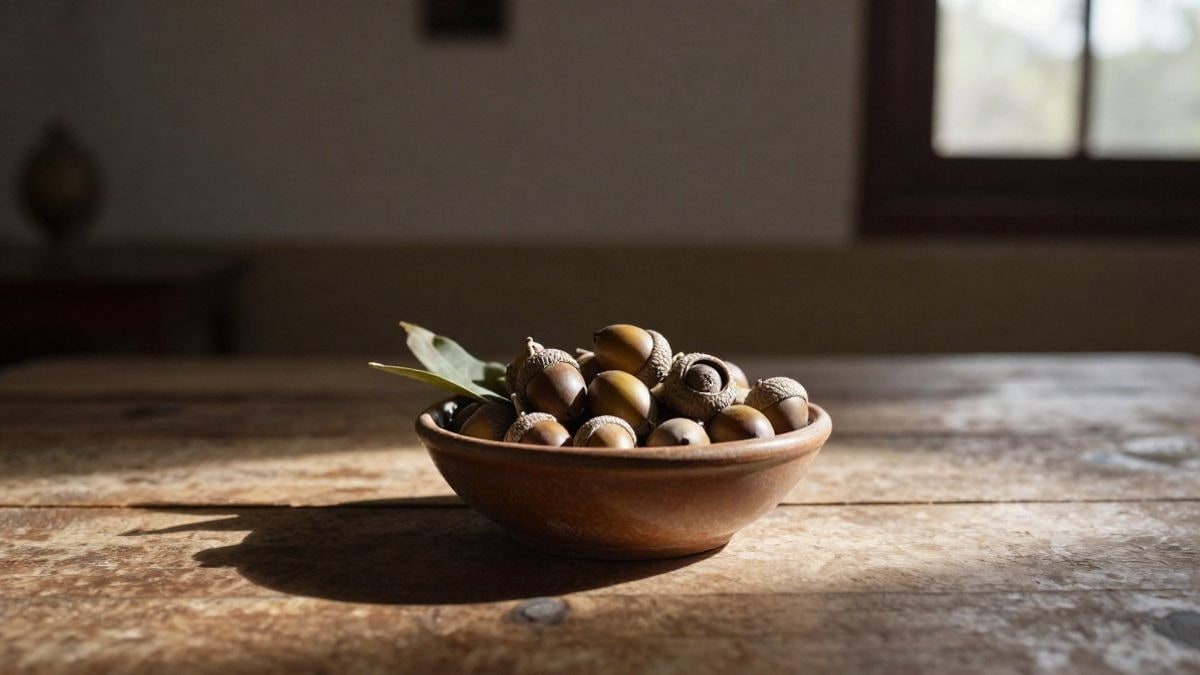 Imagen ilustrativa: cuenco de bellotas sobre una mesa de madera junto a una ventana con luz lateral