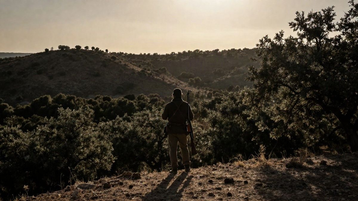 Imagen ilustrativa: silueta de un cazador al atardecer en un paisaje de sierra con sombras largas
