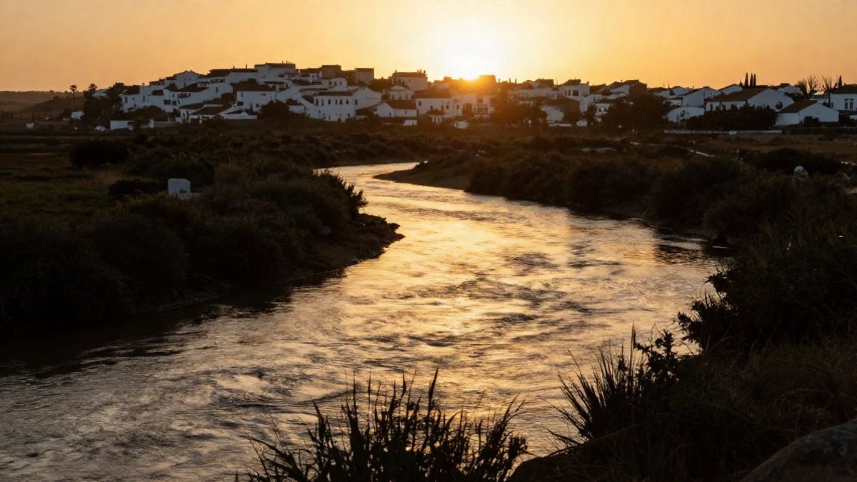 Imagen ilustrativa: contraluz al atardecer sobre un estuario con vegetación de marisma y un pueblo blanco al fondo