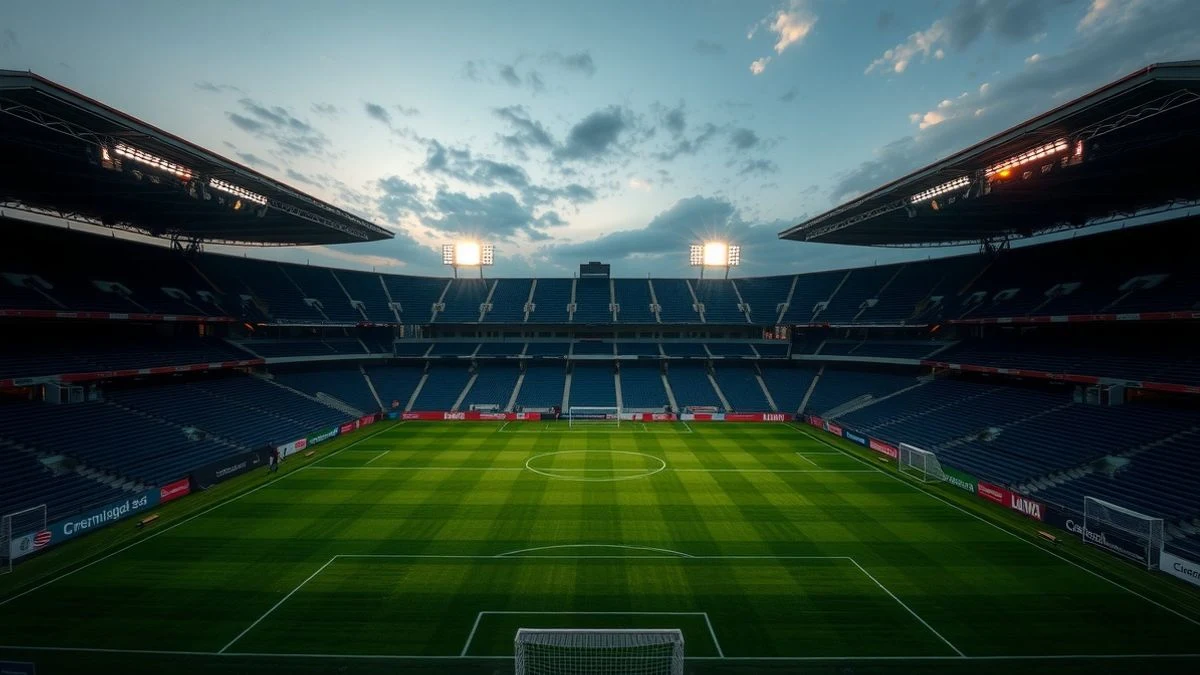 Imagen ilustrativa: vista aérea de un estadio de fútbol vacío al atardecer, con el césped iluminado por los focos.