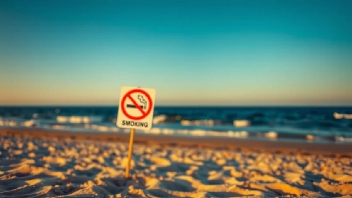 Imagen ilustrativa: un cartel de prohibido fumar en una playa al atardecer, con el mar de fondo desenfocado