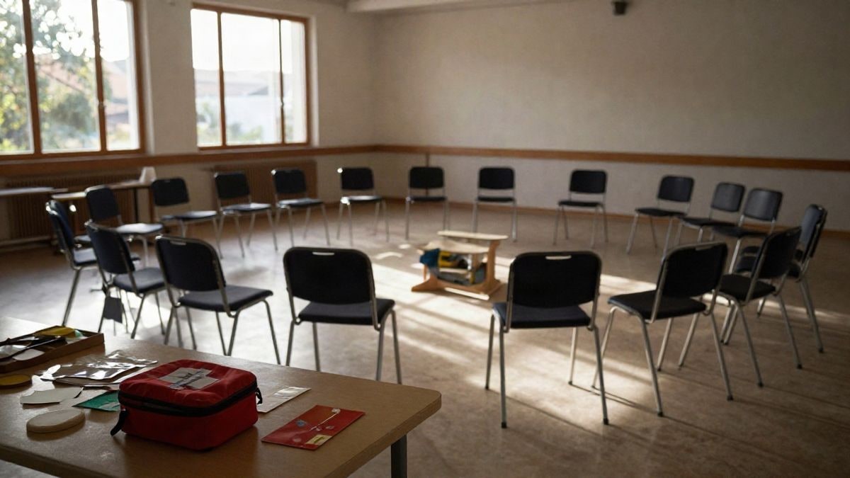 Imagen ilustrativa: sala comunitaria con sillas dispuestas en círculo y materiales de taller sobre una mesa