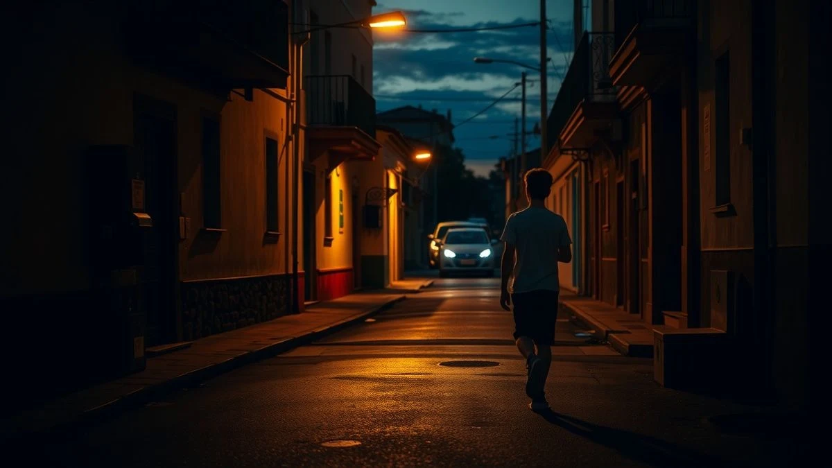 Imagen ilustrativa: una calle al atardecer en un pueblo con sombras largas y una figura de espaldas caminando