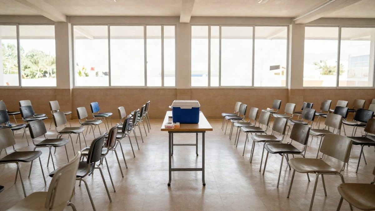 Imagen ilustrativa: sala genérica de vacunación con sillas alineadas y una mesa con material sanitario
